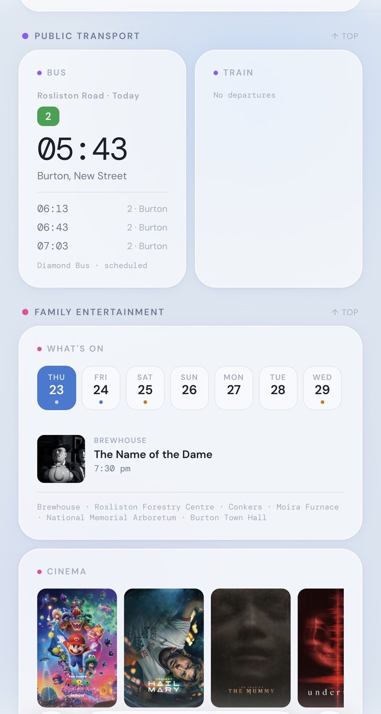 Drakelow Hub on mobile showing public transport times and a What's On event calendar